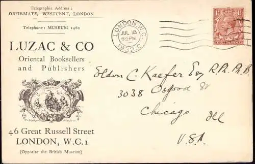 603382 | Postkarte der Firma Luzac & Co Orienal Booksellers, London, Great Russel Street, Logo Frans van Bleyswyck  |