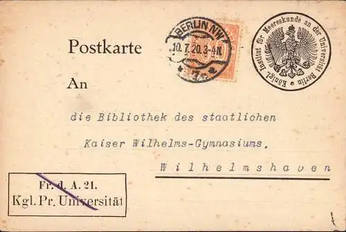 603386 | Dienstpostkarte von dem Institut für Meereskunde  | Berlin (W - 1000), -,