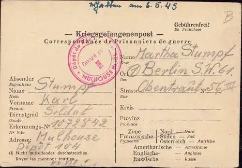 603392 | Kriegsgefangenenpost 1946, aus dem Lager 104, Zensur | Mulhouse;Haut-Rhin (F 68100 Frankreich)