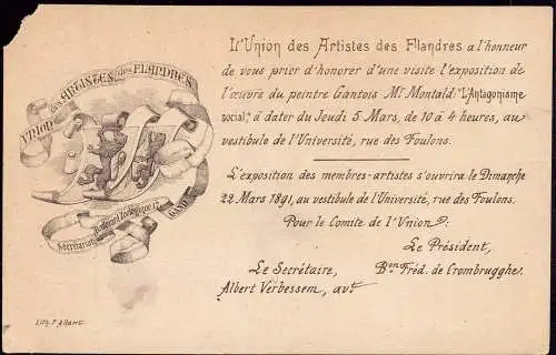 603399 | Einladung1891 zur Ausstellung von Bildern des Malers Montald Union des Artistes des Flandres  | Gand, -,