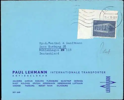 603414 | Brief 1970, mit Firmenlochung Perfin der Firma Paul Lehmann, Aarhus, Europa Cept  | -, -,