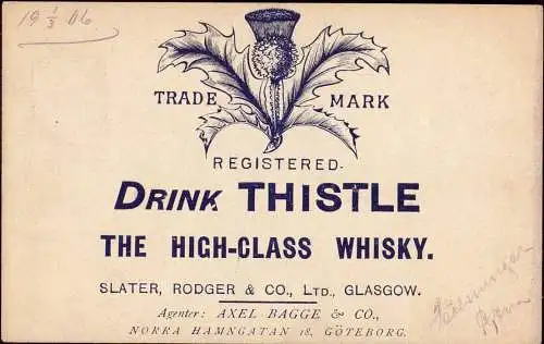 603417 | Postkarte mit Werbung der Brennerei Slater, Rodger & Co, Glasgow, Whisky Whiskey  | -, -,