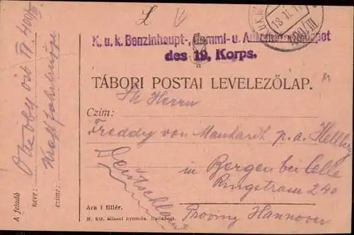 603419 | Feldpostder KuK 0Kraftfahrtruppe Östrr, FP 400 / 3, Benzin, Gummi, Automobildepot des 19 Korps  | -, -,