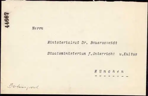 603469 | Bayern, Dinstbrief des Landtagspräsidenten per Amtsboten an den Ministerialrat Dr. Bauerschmidt | München (W 80