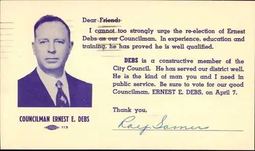 603473 | Wahlkampf USA 1953, Ganzsache mit Zudruck zur Unterstützung des Kandidaten Ernest E. Debs, Los Angeles  | -, -,