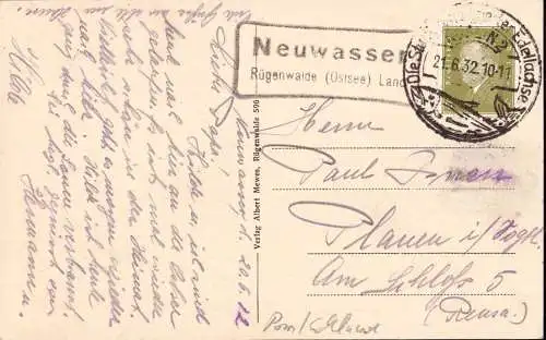 603482 | Postkarte mit Stempel der Posthilfsstelle | Neuwasser, (Kreis Schlawe Pommern), Rügenwalde