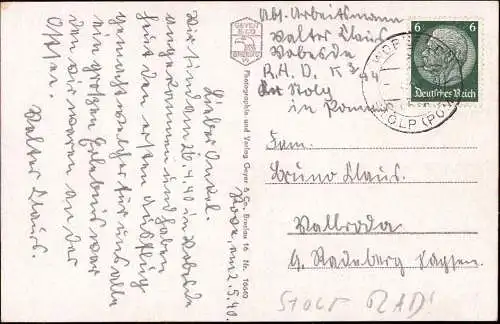 603488 | Postkarte 1940 aus dem RAD Lager  | Wobesde (Kreis Stolp Pommern), -,