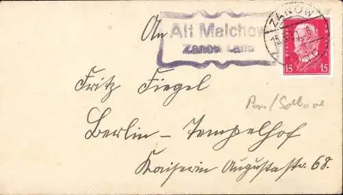 603489 | Brief mit Stempel der Posthilfstelle  | Malchow (Kreis Schlawe Pommern), Zanow, Stadt (Kreis Schlawe Pommern),