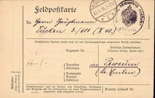 603495 | Pommern, Feldpostkarte mit Dienstsiegel des Postamt  | Köslin, -,