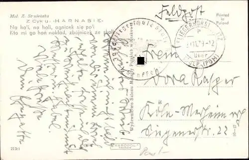 603497 | Pommern, dekorative Künstlerkarte sign. Stryienska, eine Feldpostkarte der Jagdfliegerschule | Stolp