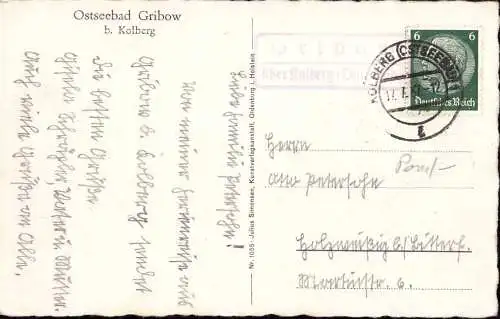 603498 | Pommern, Postkarte mit Stempel der Posthilfsstelle  | Gribow (Landkreis Kolberg-Körlin Pommern), Kolberg,