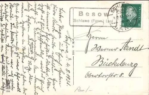 603499 | Pommern, Postkarte mit Stempel der Posthilfsstelle  | Besow (Kreis Schlawe Pommern), Schlawe (Kreis Schlawe Pom