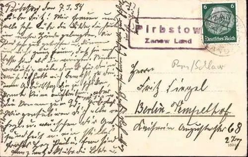 603506 | Pommern, Postkarte mit Stempel der Posthilfsstelle  | Pirbstow (Kreis Schlawe Pommern), Zanow,