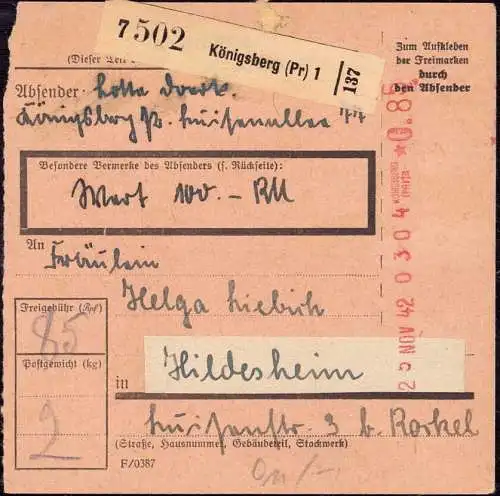 603508 | Paketkarte mi Freistempel  | Königsberg (Königsberg OP), -,