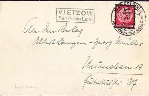 603510 | Pommern, Postkarte mit Stempel der Posthilfsstelle  | Vietzow (Kreis Belgard Pommern), Polzin, Bad, Stadt (Krei