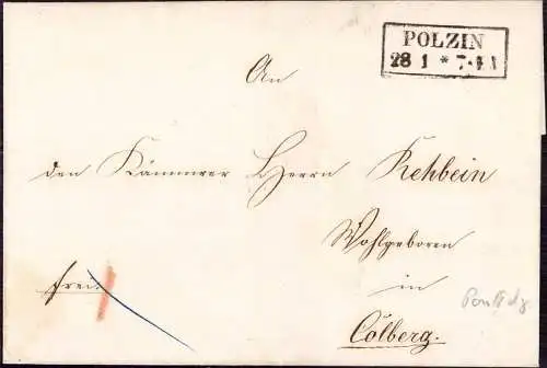 603515 | Pommern, portofreier Dienstbrief aus Garz / Oder nach Kolberg | Polzin, Bad, Stadt (Kreis Belgard Pommern)