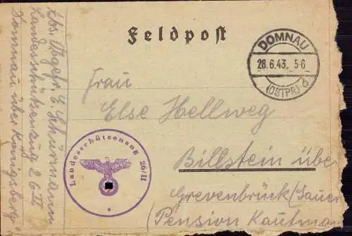 603518 | Feldpostbrief 1943, des Landesschützenzug 26 / 2  | Domnau (Friedland OP), -,