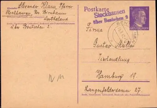 603519 | Brandenburg Neumark, Ganzsache 1942, Postkarte mit Stempel der Posthilfsstelle Stockhausen  | Bentschen (Kreis