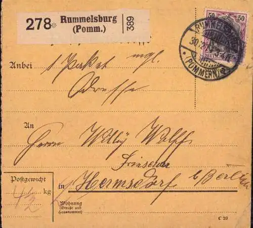 603524 | Pommern, Paketkarte 1911, aus  | Rummelsburg, -,