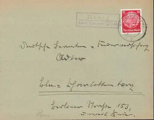 603526 | Pommern, Brief mit Stempel der Posthilfsstelle | Nemitz (Kr. Schlawe i. Pom.) (Kreis Schlawe Pommern), Schlawe