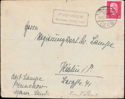 603528 | Pommern, Brief mit Stempel der Posthilfsstelle  | Pennekow (Kreis Schlawe Pommern), Schlawe i. Pom., Stadt (Kre