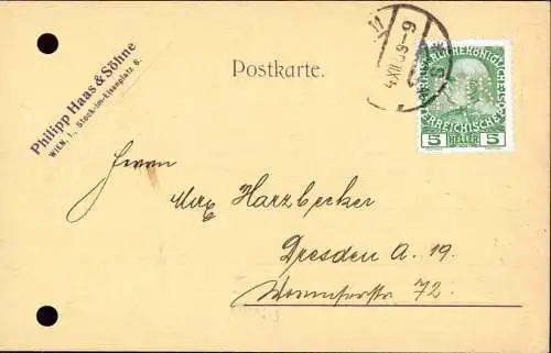 603534 | Karte mit Firmenlochung Perfin der Firma Philipp Haas & Söhne, Erh. 3, gelocht | Wien (A 1010 Österreich)