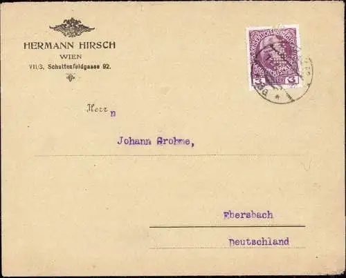 603537 | Brief mit Firmenlochung Perfin der Firma Hermann Hirsch | Wien (A 1010 Österreich)