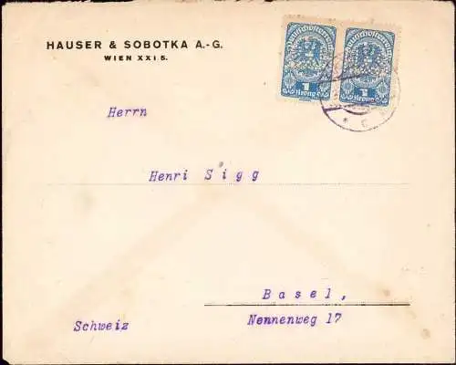 603540 | Brief mit Firmenlochung Perfin der Firma Hauser & Sobotka  | Wien (A - 1010 Österreich), -,