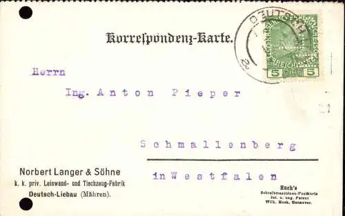 603558 | Firmenlochung Perfin Firma Norbert Langer & Söhne, Erh 3, gelocht | Deutsch Liebau, Kreis Mährisch Schönberg