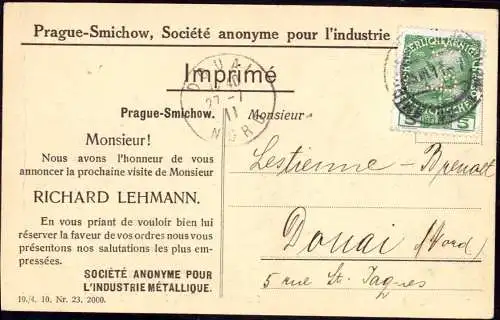 603559 | Postkarte mit Firmenlochung Perfin der Firma Societe anonym pour L`Industrie Metallique, Prag  | -, -,