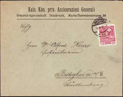 603560 | Brief mit Firmenlochung Perfin der Firma Assicurazioni Generali | Innsbruck (A 6020 Österreich)