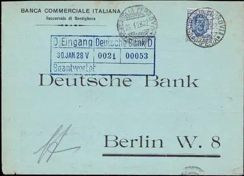 603561 | Italien, Brief mit Firmenlochung Perfin der Banca Commerciale Italiana, Bordighera  | -, -,