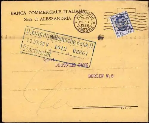 603565 | Italien, Brief mit Firmenlochung Perfin der Banca Commerciale Italiana, Alessandria  | -, -,