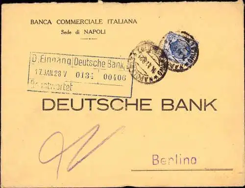 603574 | Italien, Brief mit Firmenlochung Perfin der Banca Commerciale Italiana,  Napoli  | -, -,