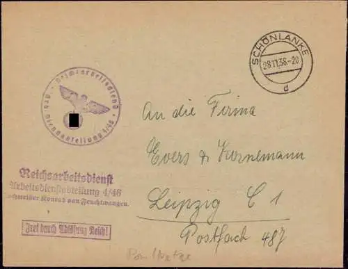 603628 | Dienstbrief Frei durch  Ablösung RAD Lager 4 / 46, Hochmeister Konrad von Feuchtwangen, Trzcianka  | Schönlanke