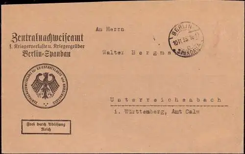 603634 | Dienstbreif des Zentralnachweisamt für Kriegsverluste und Kriegsgräber, (WAST)  | Spandau ; Spandau; Berlin (W