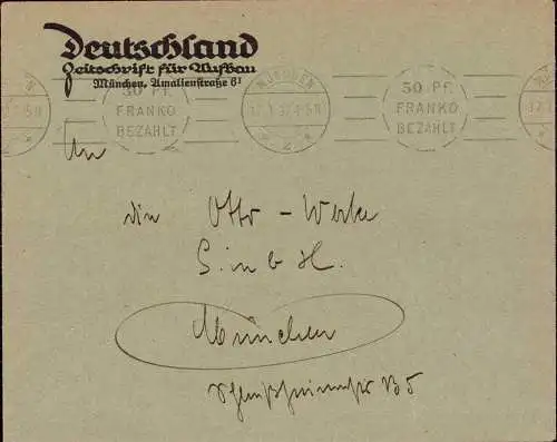 603655 | Brief, mit Postfreistempel, der Zeitung "Deutschland, Zeitschrift für Wiederaufbau" 1922 | München (W 8000)