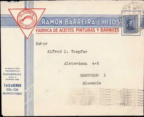 603659 | Brief 1937, El Cometa, Fabrica de Aceites Pintura y Barnices, Tacuarembo, Montevideo  | -, -,