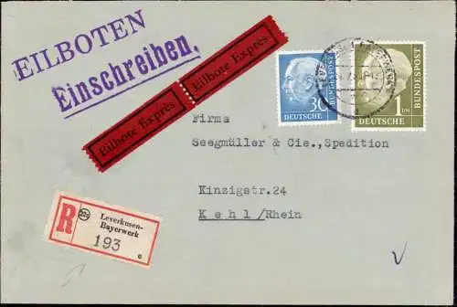 603660 | Brief 1958, per Einschreiben Eilboten aus dem Bayerwerk, Chemie,  | Leverkusen (W - 5090), -,