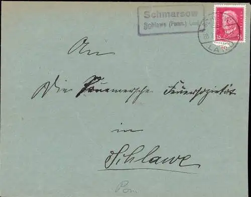 603674 | Pommern, Brief mit Posthilfsstellen Stempel aus  | Schmarsow, (Kreis Schlawe Pommern), -,