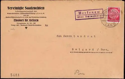 603688 | aufgebrauchter Brief, aus Ebstorf aufgegeben Posthilfsstelle | Berkenow (Kreis Belgard Pommern), Schivelbein,