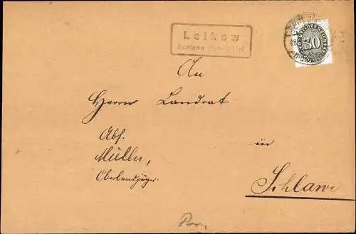 603689 | Dienstbrief des Oberlandjäger Müller, aufgegeben bei der Posthilfsstelle | Leikow (Kreis Schlawe Pommern)