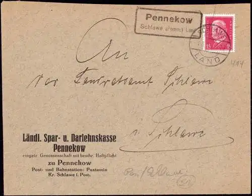 603690 | Brief 1931, der Sparkasse aufgegeben bei der Posthilfsstelle | Pennekow (Kreis Schlawe Pommern)