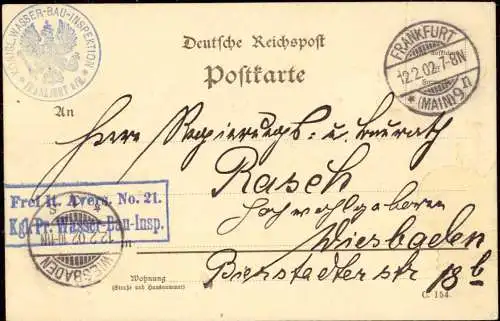 603705 | Dienstpost, Frei lt. Avers, Königliche Wasser Bau Inspektion, Binnenschiff, Kanal, Rhein, Main  | Frankfurt (W