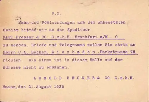 603710 | Postkarte der Firma Arnold Becker mit Anweisungen zu Umgehung der franz. Zensur und Devisenkontrollen | Mainz (