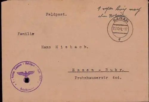 603714 | Schlesien, Feldpostbrief 1941, vom Landes Schützen Batl. 585 aus | Sagan, Stadt (Kreis Sprottau N.Schl.)