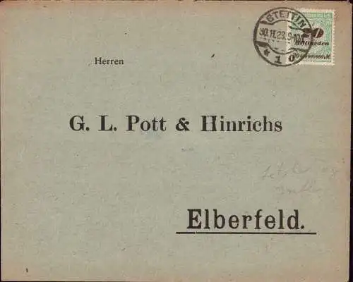 603717 | Pommern, Brief vom letzten Tag der Inflation 30.11.1923  | Stettin (Stettin Stadt Pommern), -,