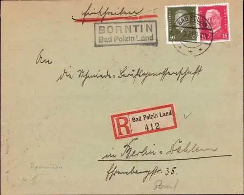 603720 | Brief per Einschreiben von der Posthilfsstelle | Borntin (Kreis Neustettin Pommern), Polzin, Bad, Stadt (Kreis