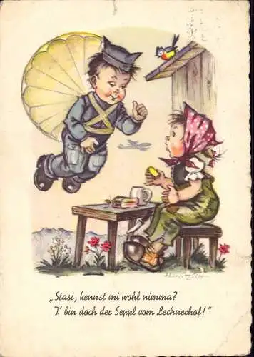 603725 | Ansichtskarte, 1956, Fallschirm sign. Hanizsch, Erh. 3, Kl. Riss  | -, -,