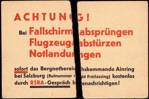 603728 | Dokument, Bergnotkommando, Bergrettung, Fallschirm, Notlandung, Flugzeug, Erh 4, gerissen | Ainring (W 8229)